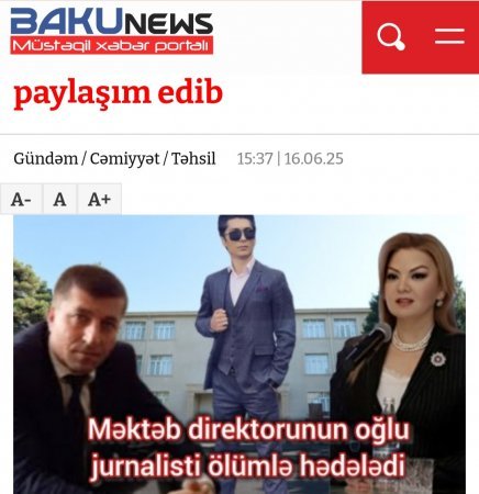 Məktəb direktorunun oğlu jurnalisti ölümlə hədələdi – Təhsil portalının rəhbəri paylaşım edib
